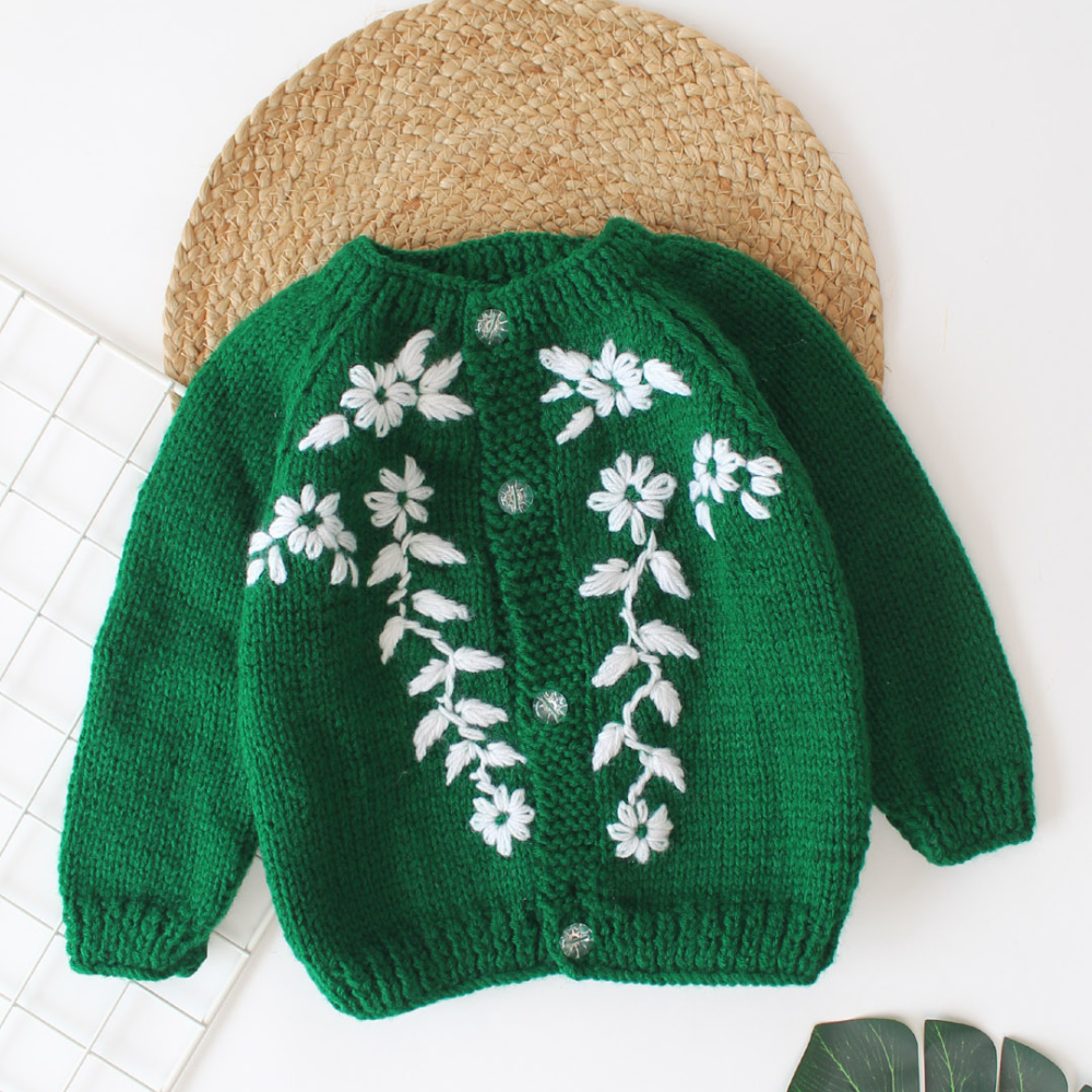 Dark Green Colored Sweater With Floral Emboidery